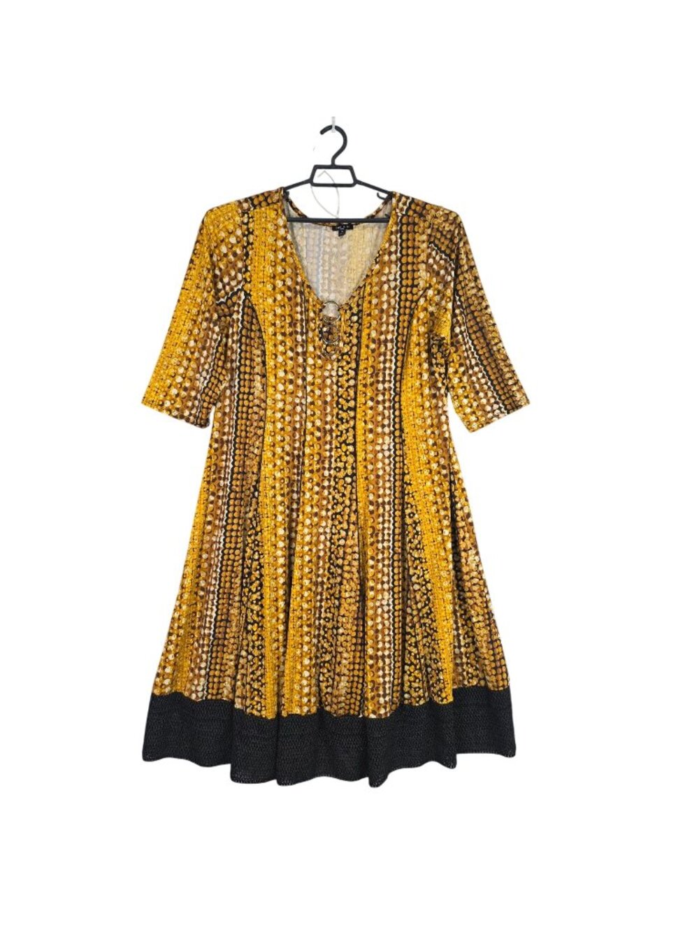 Womens Sami & Jo Yellow & Brown Dot Print Dress Black Hem V-Neck 3/4 Sleeves 3X